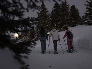 Nachtwanderung zum Vollmondfondue Vollmondfondue Bättmerhitta in der Aletsch Arena mit Schneeschuhtour in der Nacht durch verschneiten Winterwald