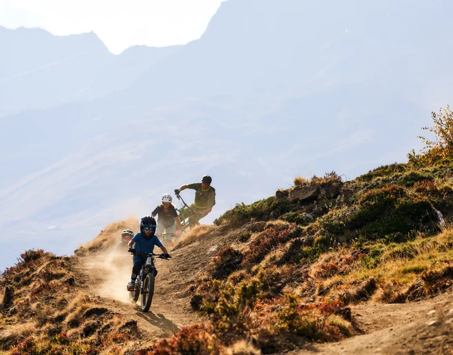 Actionreicher Trailride im Oberwallis Oberwalliser Bikepass mit Bikern auf einem staubigen Singletrail in Bellwald bei spätsommerlichem Licht und Bergkulisse