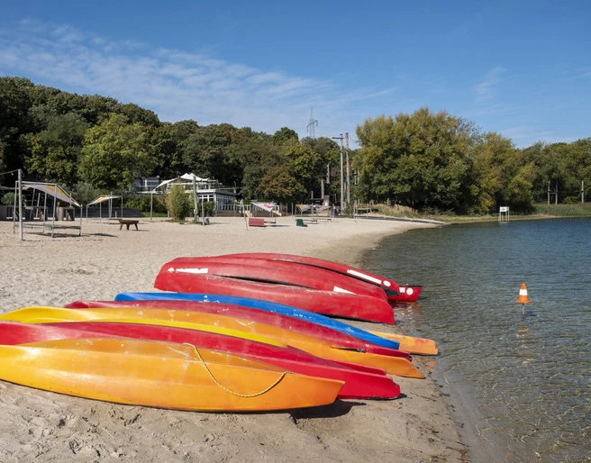Blackfoot Beach Bunte Kajaks am Sandstrand eines Sees, umgeben von grünen Bäumen unter blauem Himmel.Colorful kayaks on the sandy beach of a lake, surrounded by green trees under a blue sky.