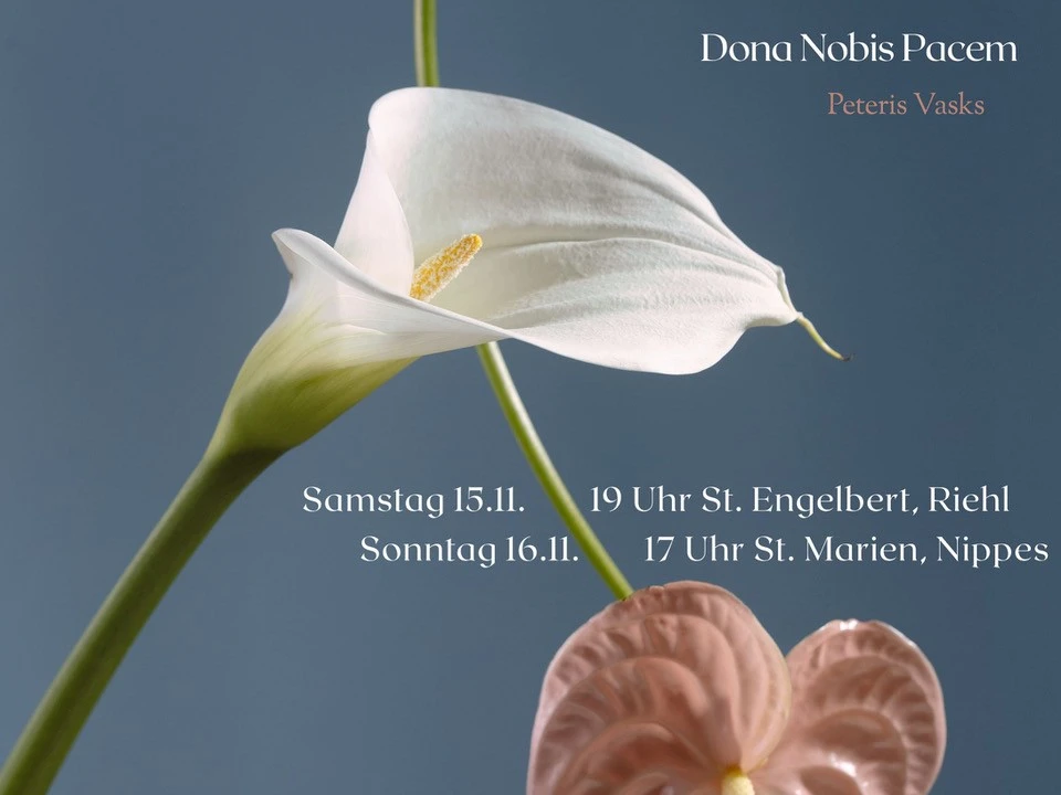 Choral concert: Fauré - Requiem | Vasks - Dona nobis pacem Ein Plakat für ein Chorkonzert zeigt die Worte "Requiem" und "Gabriel Fauré", umgeben von eleganten Blumen.A poster for a choir concert shows the words "Requiem" and "Gabriel Fauré" surrounded by elegant flowers.