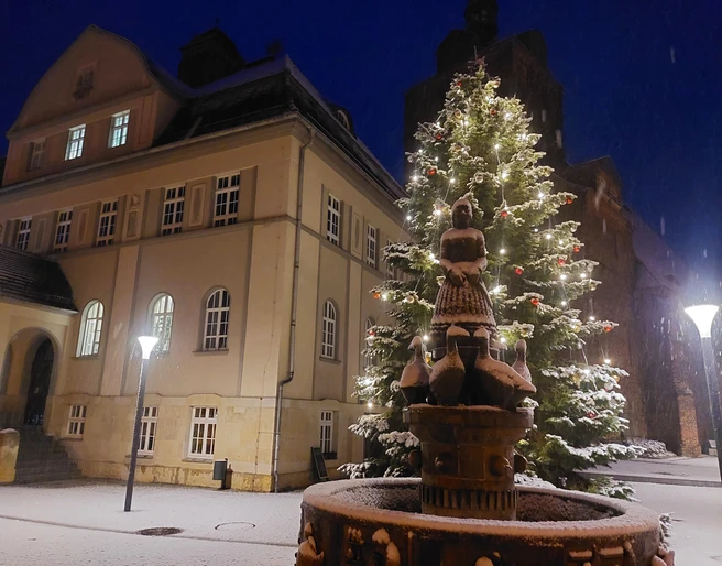 Weihnachtsmarkt Dommitzsch - Weihnachten in der Region Leipzig Ein festlich beleuchteter Weihnachtsbaum vor einem historischen Gebäude bei Nacht, mit Schneefall.