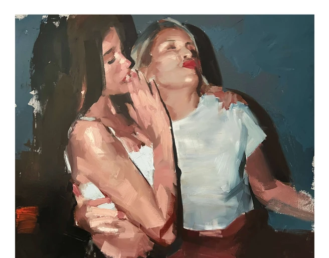 Cover - Bestie Zwei Frauen, engumschlungen, emotional verbunden, mit kräftigen Pinselstrichen gemalt.Two women, closely entwined, emotionally connected, painted with bold brushstrokes.