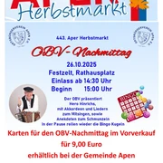 OBV Nachmittag zum Aper Markt.jpg Plakat zum 443. Aper Herbstmarkt mit OBV-Nachmittag, Musik, Bingo und Veranstaltungshinweis.
