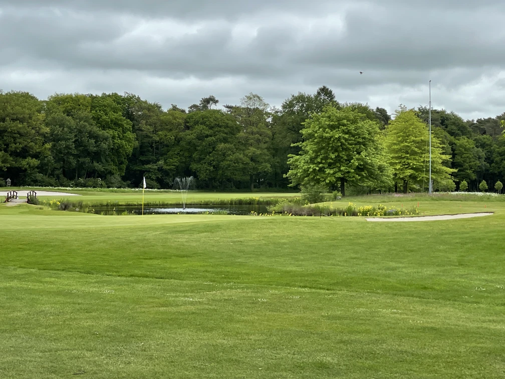 Rasenfläche des Oldenburgischen Golfclub Grüne Golfanlage mit Teich, zwei kleinen Brücken, Wasserfontäne und Bäumen unter grauem Himmel