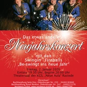 NJK_2026_PLAKAT_FIREBALLS Gruppe von Musikern in blauen Anzügen mit Instrumenten, Feuerwerk und Schriftzug zum Neujahrskonzert.