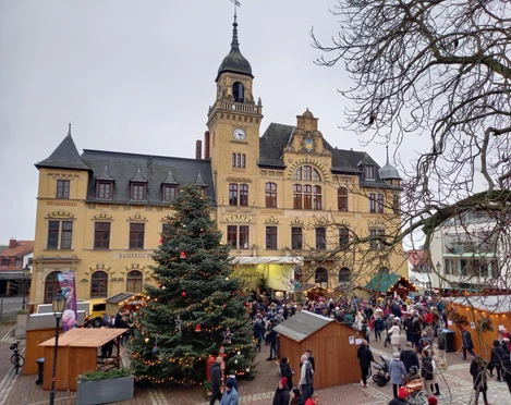 Weihnachtsmarkt Bad Lausick - Weihnachten in der Region Leipzig Großer Tannenbaum auf dem Weihnachtsmarkt vor historischem Rathaus in Bad Lausick.