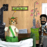 Pettersson und Findus in ihrem Schlafzimmer