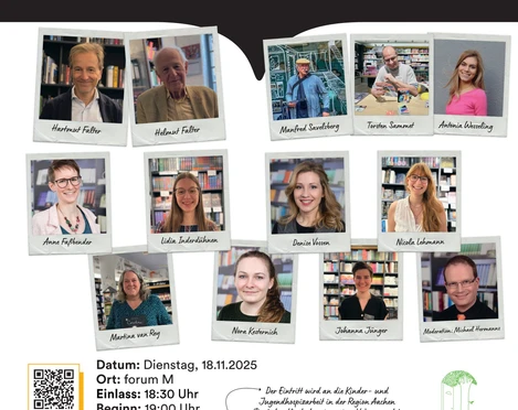 Im Rampenlicht (c) Mayersche Buchhandlung.jpg "Im Rampenlicht"-Veranstaltungsposter mit Teamfotos in Collageformat.