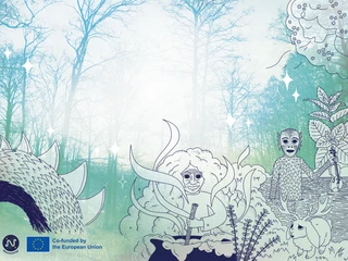 Naturetales premiere: "Alva in the land of shadows" Illustration mit mystischen Figuren in einem winterlichen Wald, teils naturbelassen, teils gezeichnet.Illustration with mystical figures in a wintry forest, partly natural, partly drawn.