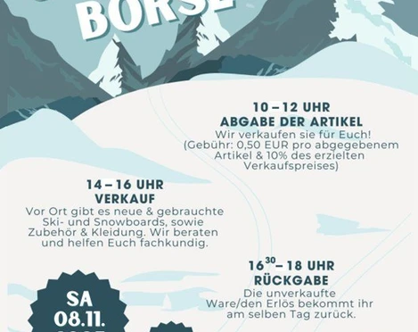 Flyer für die Ski- und Snowboardbörse der RWTH Aachen mit Informationen zurVeranstaltung.