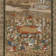 Buddha's entry into Perfect Nirvana Ein historisches Kunstwerk zeigt Buddhas Eintritt ins vollkommene Nirwana, umgeben von Gläubigen und Natur.A historical work of art shows Buddha's entry into perfect nirvana, surrounded by believers and nature.