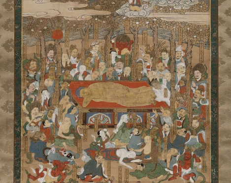 Buddha's entry into Perfect Nirvana Ein historisches Kunstwerk zeigt Buddhas Eintritt ins vollkommene Nirwana, umgeben von Gläubigen und Natur.A historical work of art shows Buddha's entry into perfect nirvana, surrounded by believers and nature.