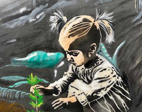 Apocalypse by Thomas Baumgärtel Ein Kind pflanzt ein Bäumchen zwischen Müll in einer düsteren Umgebung.A child plants a small tree among garbage in a gloomy environment.