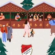 Plakat Weihnachtsmarkt Upleward Zu sehen sind gezeichnete Weihnachtsbuden mit Menschen davor und grünen Tannen.