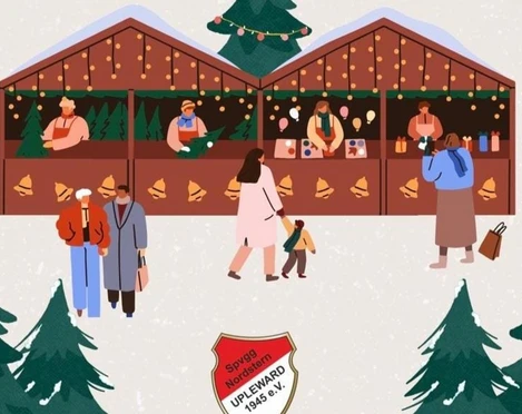 Plakat Weihnachtsmarkt Upleward Zu sehen sind gezeichnete Weihnachtsbuden mit Menschen davor und grünen Tannen.
