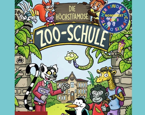 Buntes Plakat des Vorlesenachmittags mit fröhlichen Tieren, die Bücher festhalten.