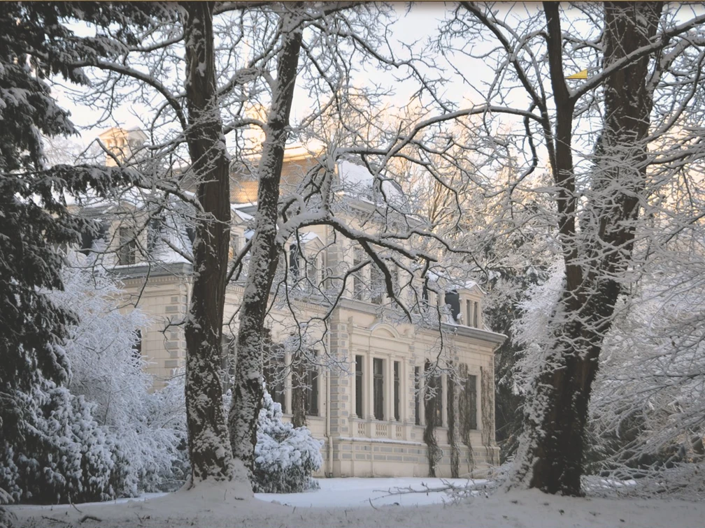 Das Palais im Winter Historisches Herrenhaus hinter schneebedeckten Bäumen in winterlicher Abendstimmung
