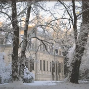 Das Palais im Winter Historisches Herrenhaus hinter schneebedeckten Bäumen in winterlicher Abendstimmung