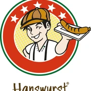 Hanswurst - Das Wurstrestaurant Auf dem Logo des Wurst-Restaurants hält ein Junge mit Kappe und Hosenträgern ein Tablett mit einer Wurst in der Hand. Das Logo wird von verschiedenen Ringen begrenzt. Im inneren Ring sind vier Sterne nebeneinander abgebildet.
