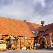 Floristik unterm Storchennest Historisches Backsteinhaus mit üppigem Blumenschmuck und Storchenhorst auf dem Dach in ländlicher Umgebung.