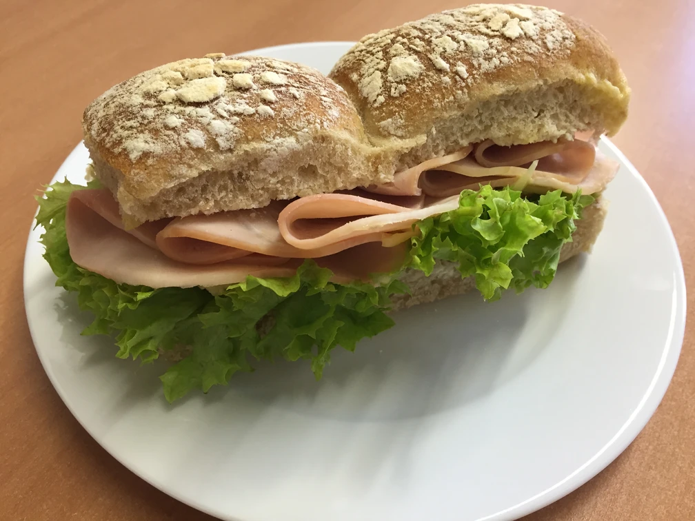 Ein belegtes Mehrkornbrötchen mit grünem Salat und Scheiben fein geschnittener Putenbrust auf Teller.