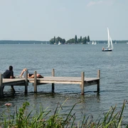 Steinhude Steg Uferpromenade Ein Holzsteg ragt ins Wasser des Steinhuder Meers, umgeben von Kräutern und Segelbooten am Horizont.