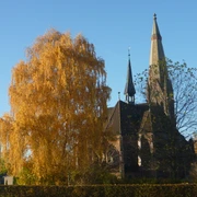 Kirche Hagenburg Kirche in Hagenburg, umgeben von herbstlich gefärbten Bäumen, unter strahlend blauem Himmel.