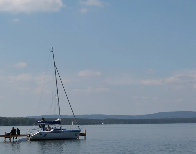 Ein Segelboot mit ruhiger Wasseroberfläche am Ufer des Steinhuder Meers unter einem klaren Himmel.