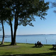 Ein ruhiger See mit Radfahrern und Spaziergängern auf einer Wiese unter Bäumen im Sonnenlicht.