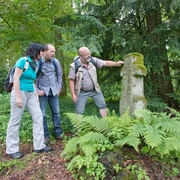 Drei Menschen stehen im Wald neben einer alten Grabstele, umgeben von Farnen und Bäumen.