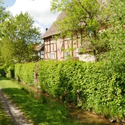 Mühlengraben in Bellersen Fachwerkhaus am Mühlengraben Bellersen, flankiert von Hecken und einem grasbewachsenen Pfad.