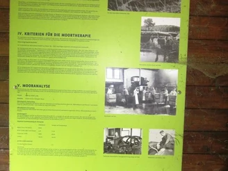 Historische Heilmoorgewinnung Bad Meinberg Schild im Staatsbad Meinberg zur Geschichte und Anwendung der Heilmoorgewinnung illustriert mit Bildern.
