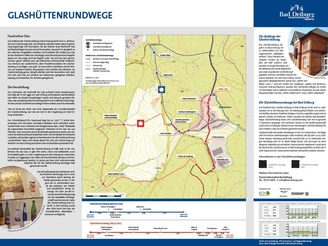 Informationstafel Glashüttenrundwanderwege Informationstafel über Glashüttenrundwanderwege mit Kartenübersicht und historischen Erläuterungen.