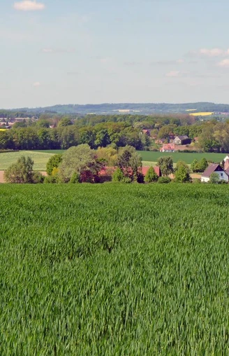 Weites Hügelland mit grünen Feldern, verstreuten Bauernhöfen und dichten Wäldern am Horizont.