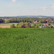 Ravensberger Hügelland Weites Hügelland mit grünen Feldern, verstreuten Bauernhöfen und dichten Wäldern am Horizont.