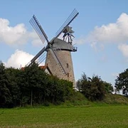 Historische Liesbergmühle, flankiert von Bäumen, unter blauem Himmel mit weißen Wolken in Enger.