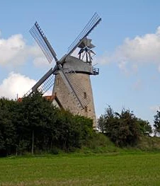 Historische Liesbergmühle, flankiert von Bäumen, unter blauem Himmel mit weißen Wolken in Enger.