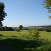 Ausblick am Panoramasteig bei Hochwald Weite grüne Wiesenlandschaft in Waldbröl unter blauem Himmel, vereinzelt Bäume und Wald im Hintergrund.