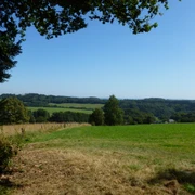 Panoramasteig bei Herfen Ländliche Landschaft mit grünen Wiesen, dichten Wäldern und sanften Hügeln unter klarem Himmel.