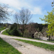 Idyllische Landschaft Wanderweg durch ländliche Landschaft, flankiert von Bäumen und historischen Gebäuden.