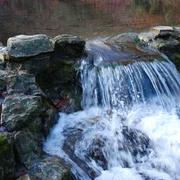 kalksinterterrassen-in-dissen-a-t-w-foto-natur-und-geopark-terra-vita Kleiner Wasserfall fließt über Felsen in einen ruhigen Teich.