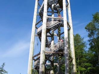 Aussichtsturm Holzturm mit spiralförmiger Treppe, umgeben von Bäumen unter klarem Himmel.