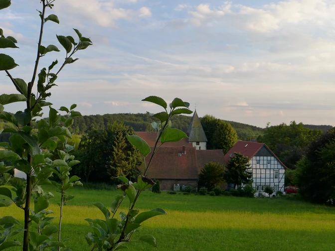 Der idyllische Ort Holte Blick auf eine Kirche und Fachwerkhäuser hinter grünen Feldern und Bäumen unter blauem Himmel.