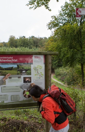 Informationstafel Zwei Wanderer erkunden das Naturlehrgebiet Zwickelbach.