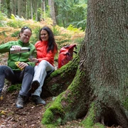 Pause am Wegesrand Ein Paar im Outdoor-Outfit genießt eine Pause im Wald und gießt Tee in einen Becher ein.