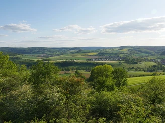 Ausblick vom Räuschenberg Weitläufige grüne Landschaften und sanfte Hügel erstrecken sich bis zum Horizont im hessischen Upland.