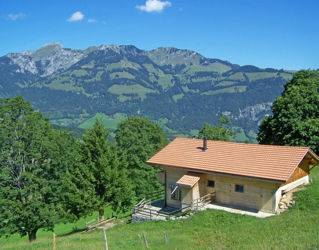 Le «Weidhüttli Rütiweid» en été avec la vue sur le Stockhorn