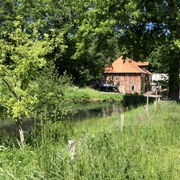 Backsteinhaus mit rotem Dach, umgeben von üppigem Grün und einem Teich, an einem sonnigen Tag.