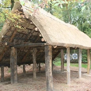 Nachbau Altsachsenhütte Rekonstruktion eines historischen altsächsischen Langhauses mit strohgedecktem Dach in einem Wald.