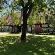Forsthaus Heiligenberg Bruchhausen-Vilsen  Ein Fachwerkhaus umgeben von üppigem, grünem Rasen, ein großer Baum bietet Schatten im Vordergrund.